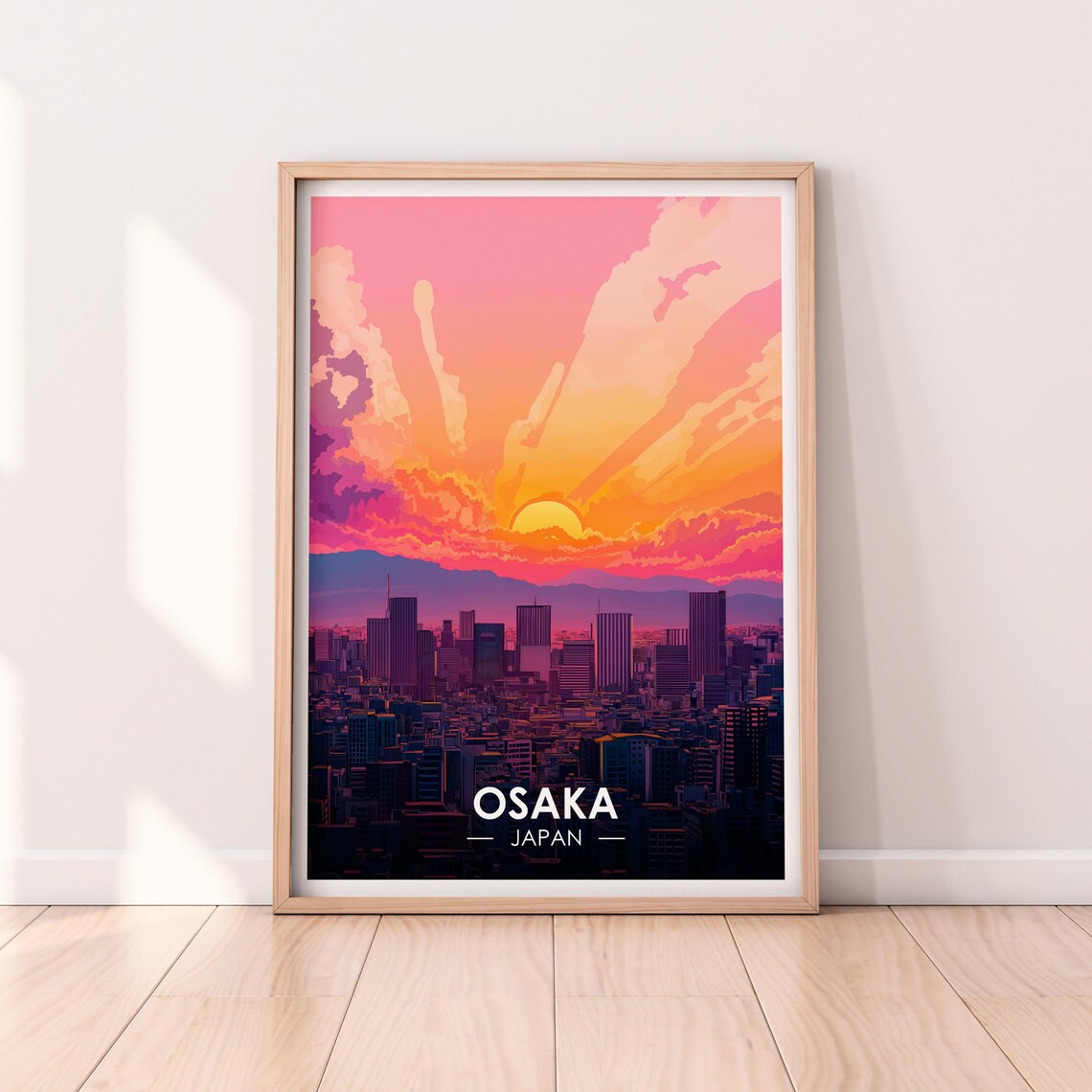 Osaka Japan Fiery Sunset Skyline Cityscape Orange Sky Poster