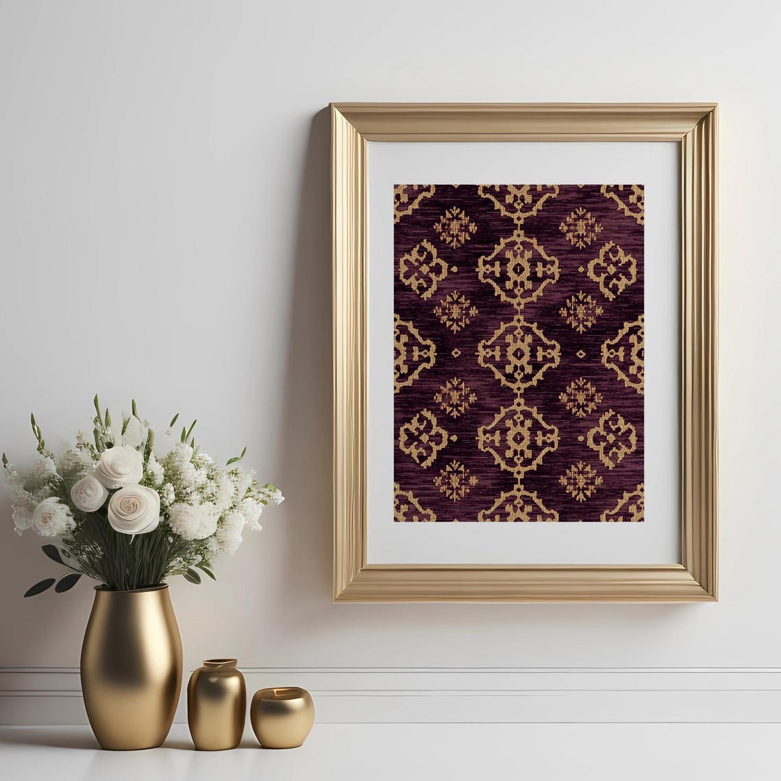 Plum Gold Ikat Ethnic Floral Textile Pattern Vintage Boho Poster - Image 4