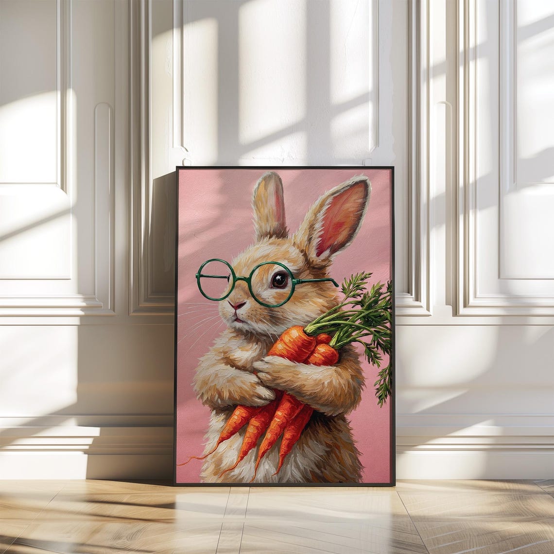Cute Bunny With Green Glasses Holding Carrots Pink Nursery Poster - Image 4