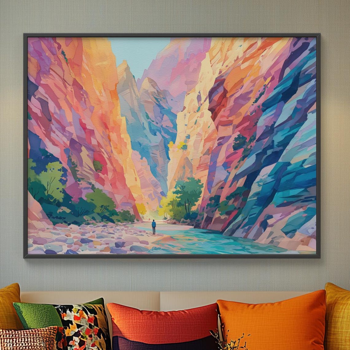 Colorful Desert Canyon Landscape With River and Lone Hiker Poster