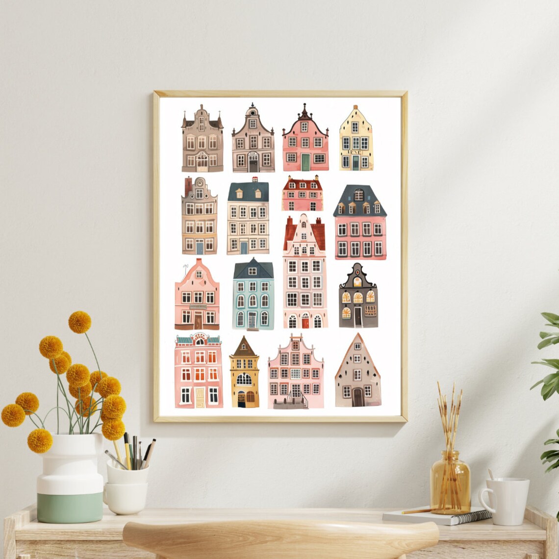 Cute Houses Watercolor Nursery Decor, Art Print
