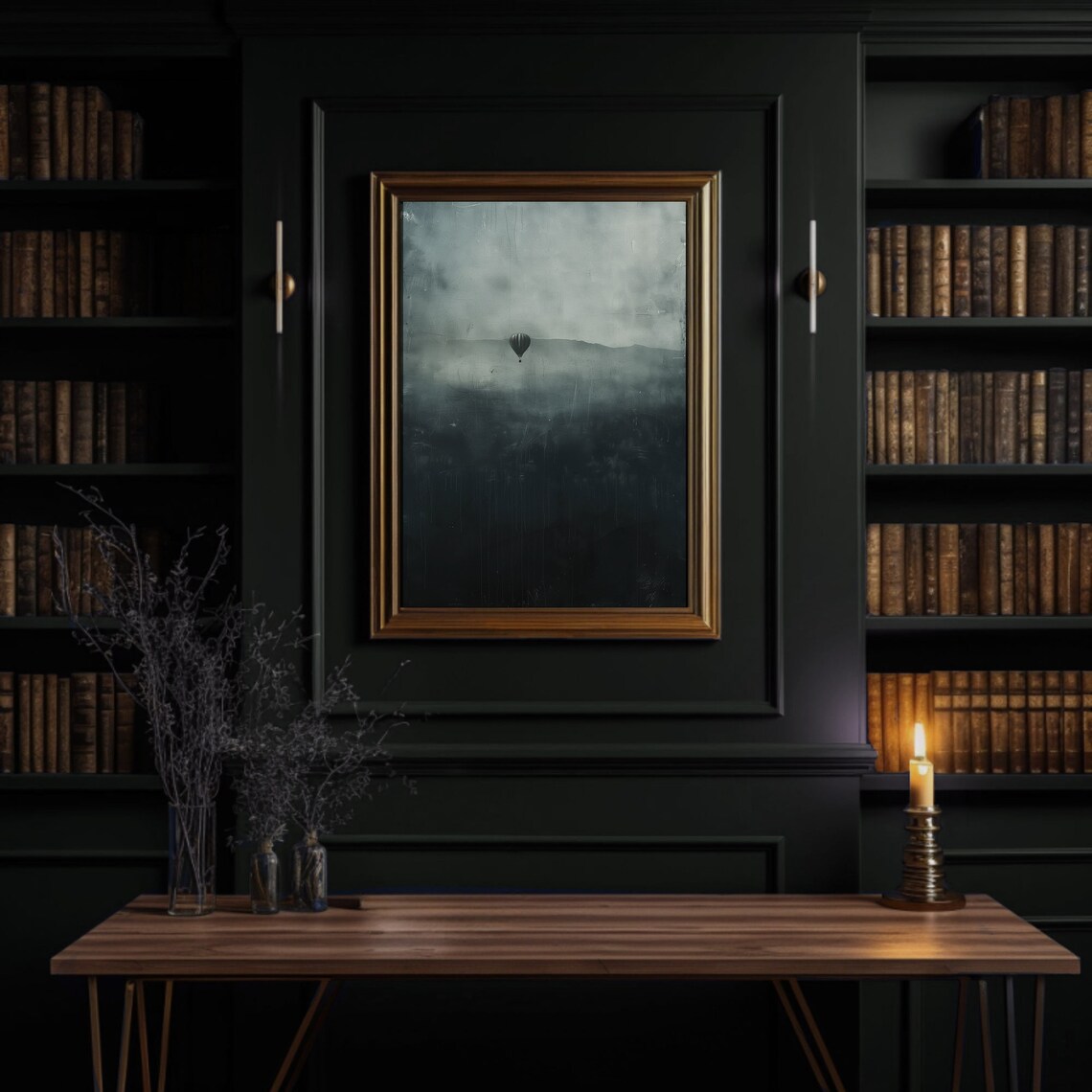 Dark Moody Hot Air Balloon Over Misty Valley Dark Academia Art Poster - Image 2