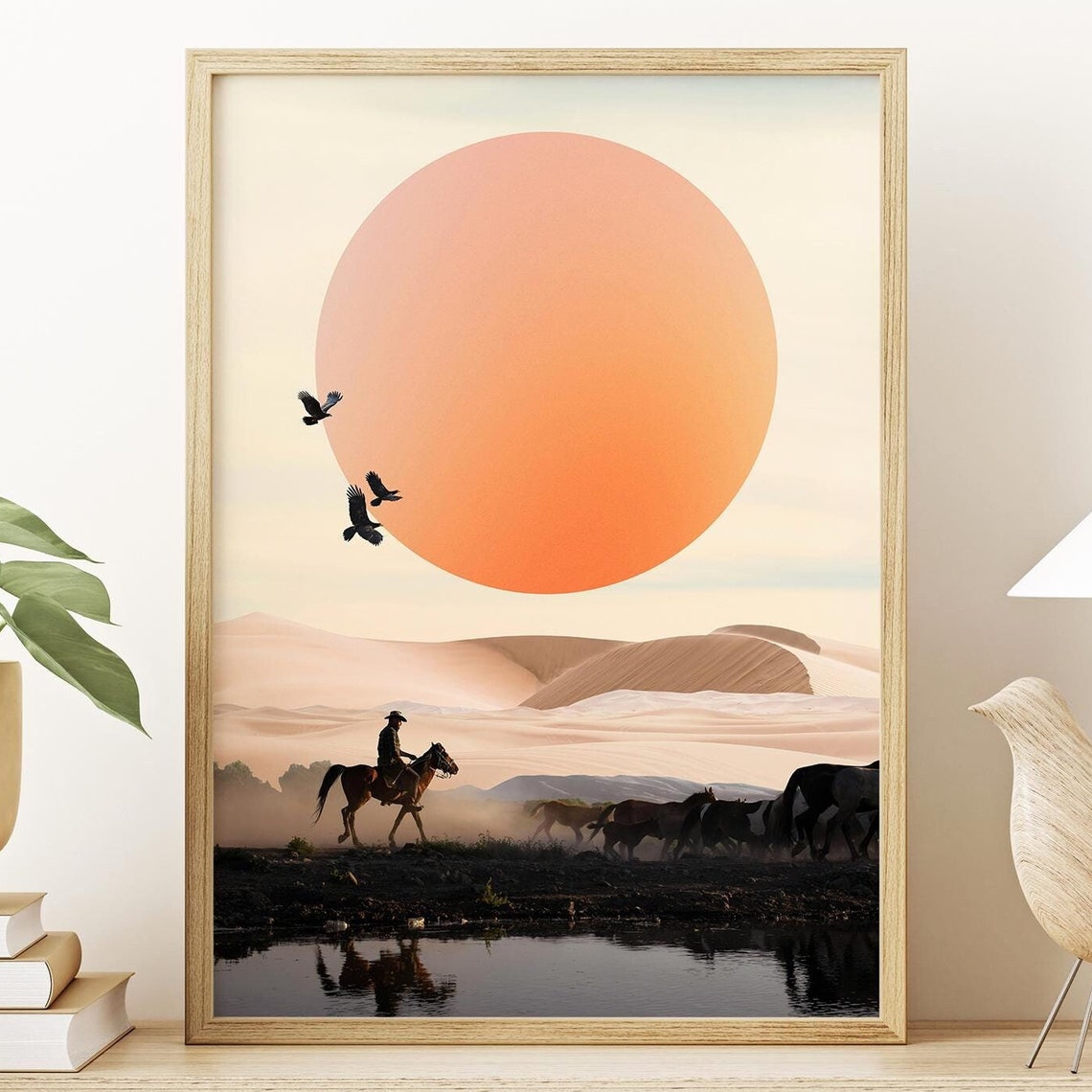 Lone Cowboy Riding at Sunset Desert Dunes Horses Western Scene Poster