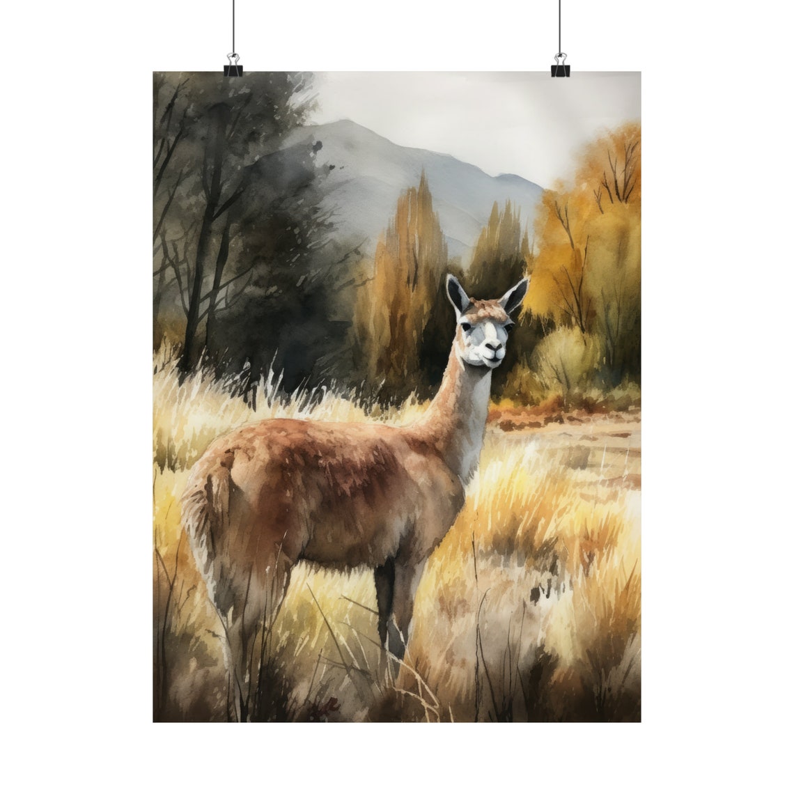Llama Golden Meadow Mountain Backdrop Watercolor Animal Art Print - Image 5