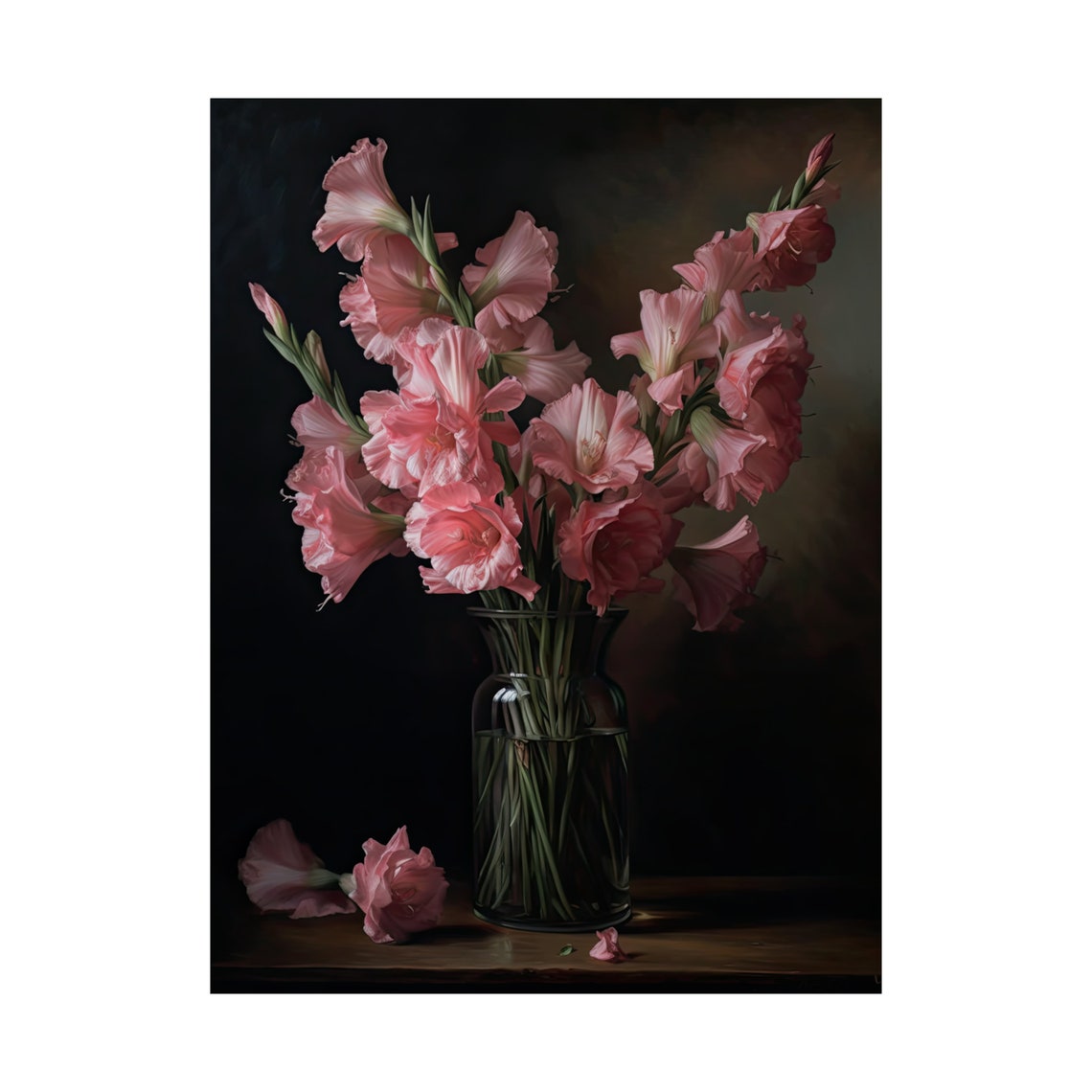 Pink Gladiolus Spikes Glass Vase Dark Moody Still Life Flower Poster - Image 4