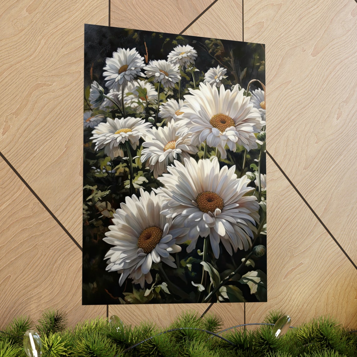 White Daisy Field Fresh Blooms Dark Background Botanical Art Poster - Image 2