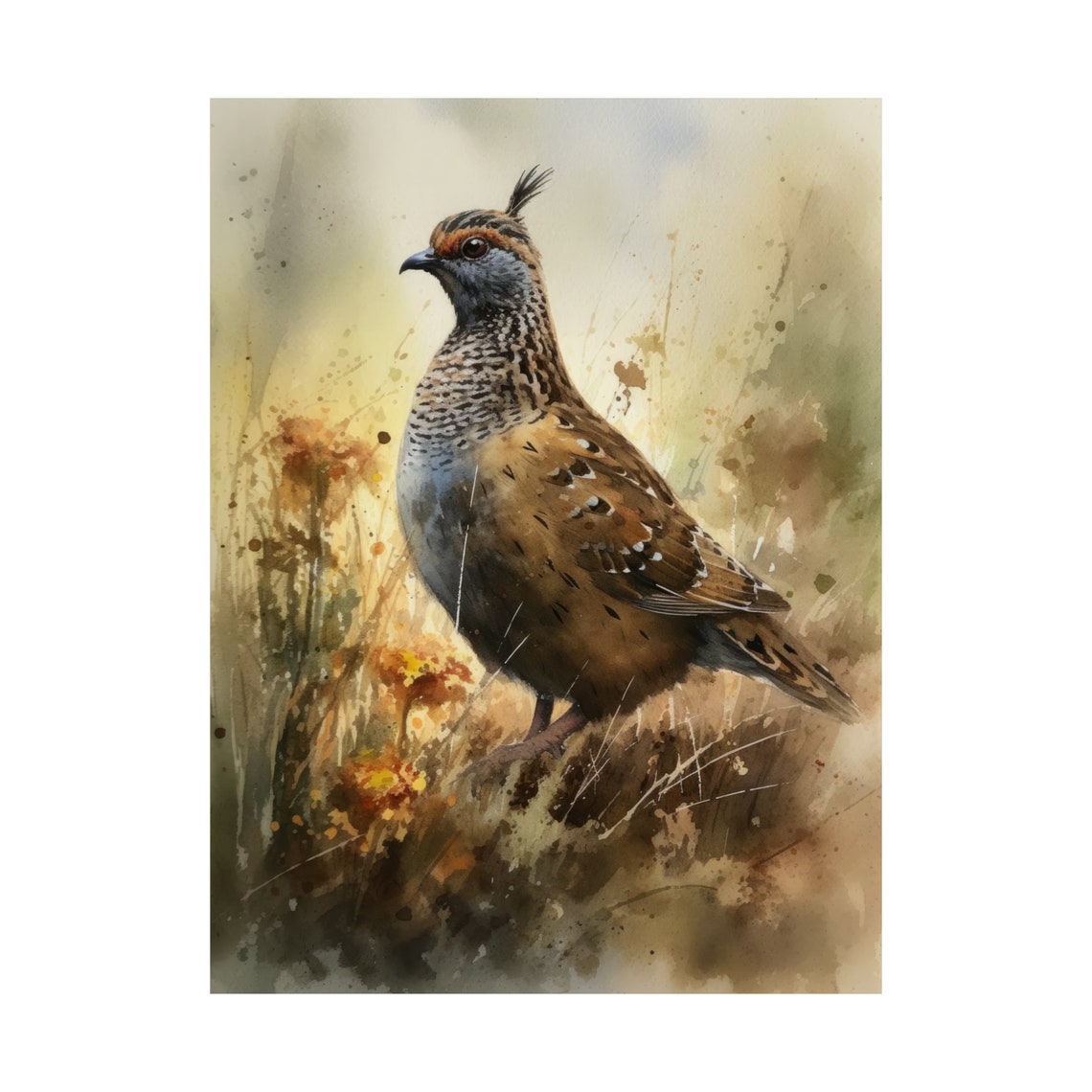 Crested Quail Golden Grass Watercolor Bird Art Rustic Wall Art Print - Image 4