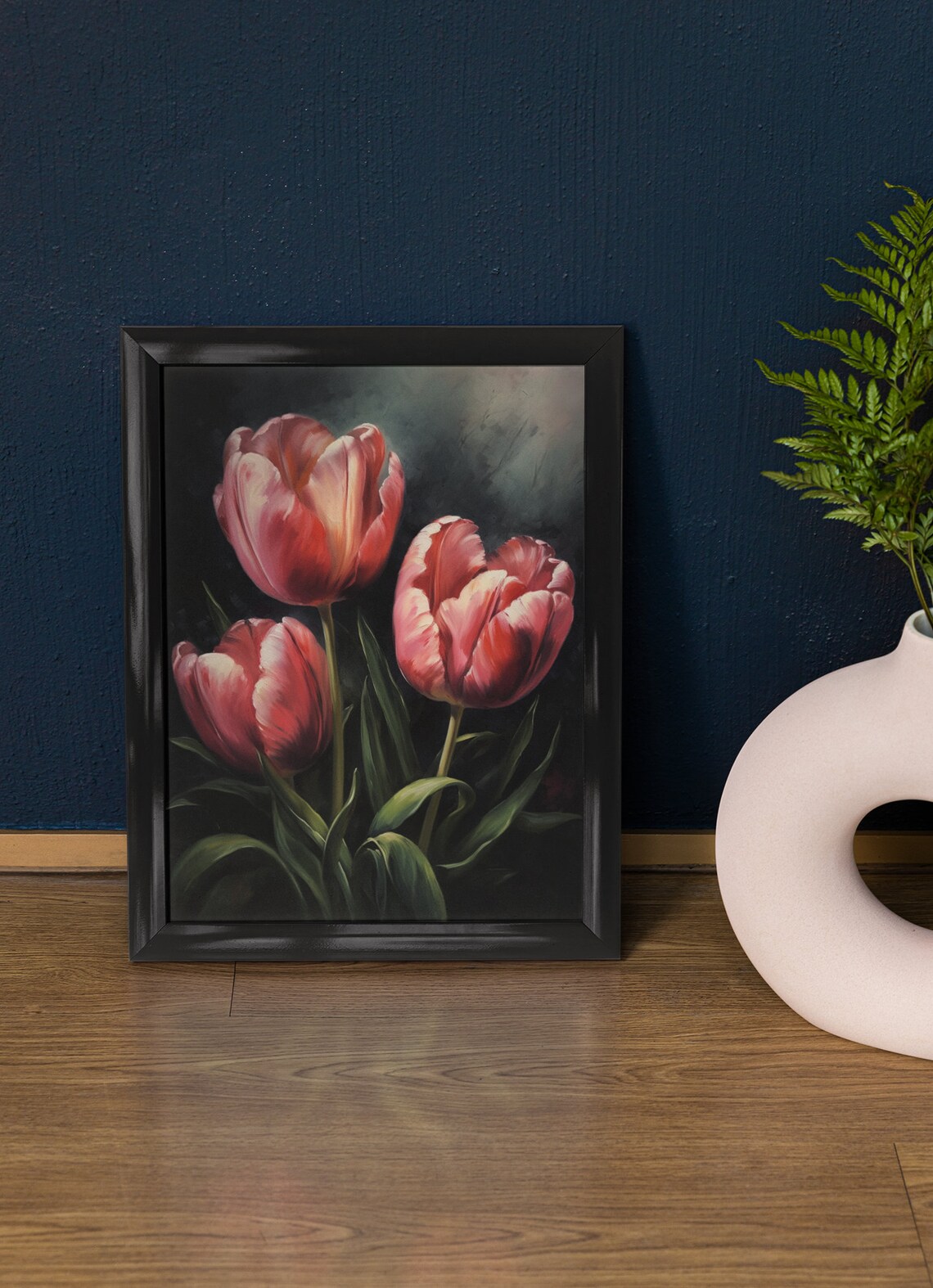 Pink Tulips Dark Moody Floral Oil Painting Botanical Wall Art