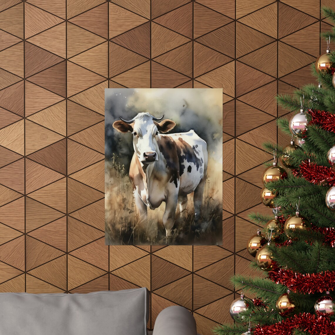 Brown White Cow Golden Field Portrait Watercolor Farm Art Print - Image 3