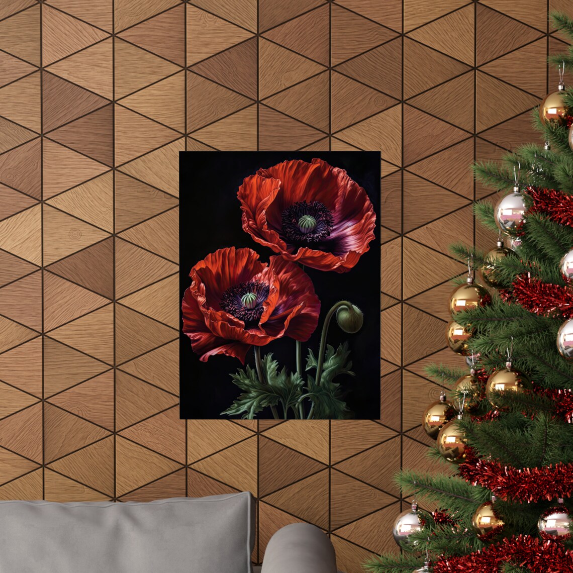 Oriental Poppy Deep Red Blooms Bud Dark Elegant Floral Painting Poster - Image 3