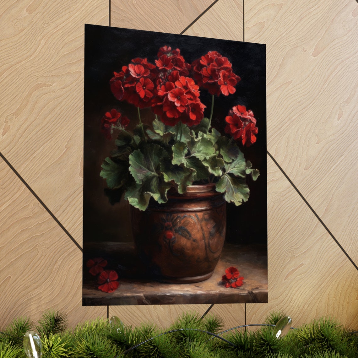 Red Geranium Pot Rustic Copper Planter Dark Still Life Flower Poster - Image 2