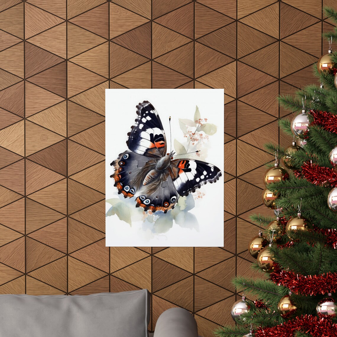 Red Admiral Butterfly Black White Red Wings Floral Watercolor Poster - Image 3
