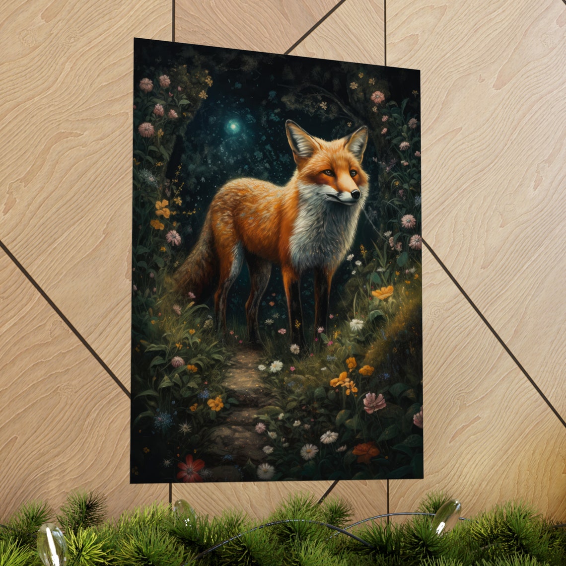 Red Fox Standing In Moonlit Wildflower Meadow Starry Night Poster - Image 2