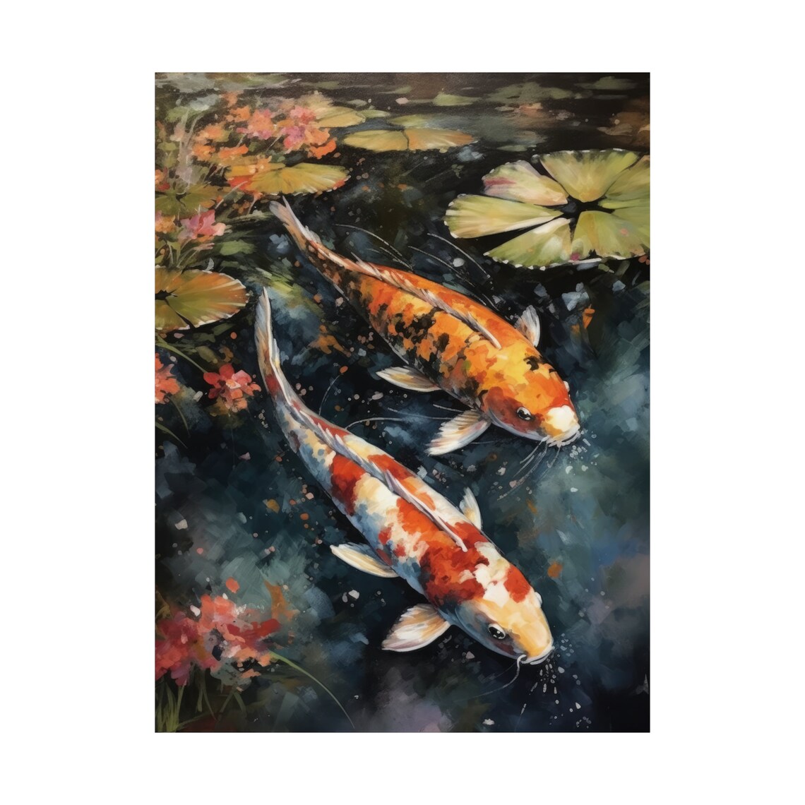 Two Koi Fish Watercolor Lily Pad Pond Painting Japanese Zen Wall Art - Image 4