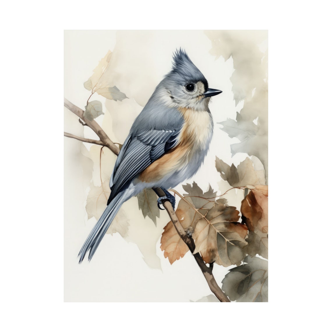Tufted Titmouse Perched On Autumn Branch Soft Watercolor Bird Print - Image 4