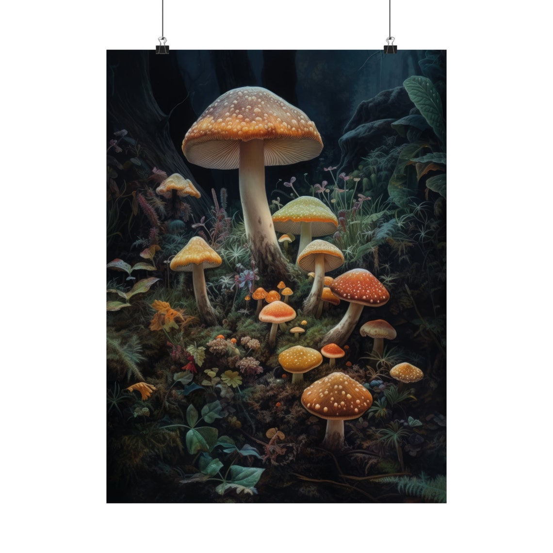 Towering Pale Mushroom With Glowing Rim Among Red Fly Agaric Poster - Image 5