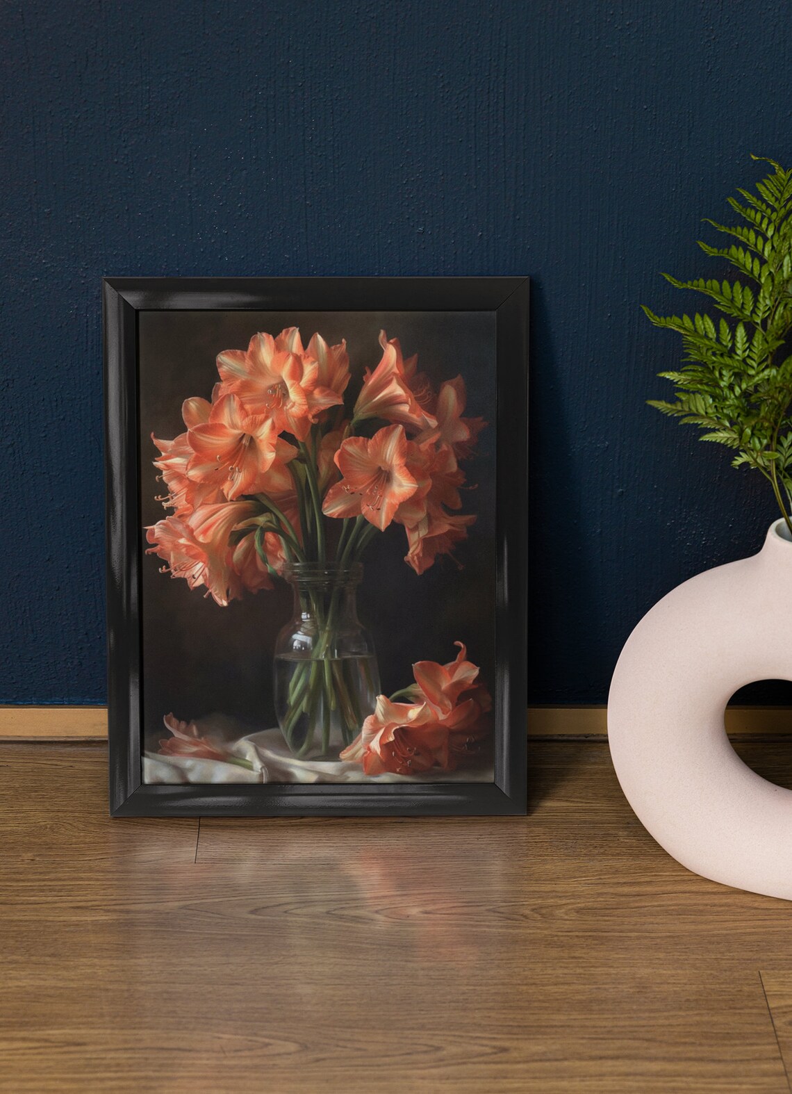 Salmon Amaryllis Blooms Dark Still Life Glass Vase Flower Art Print