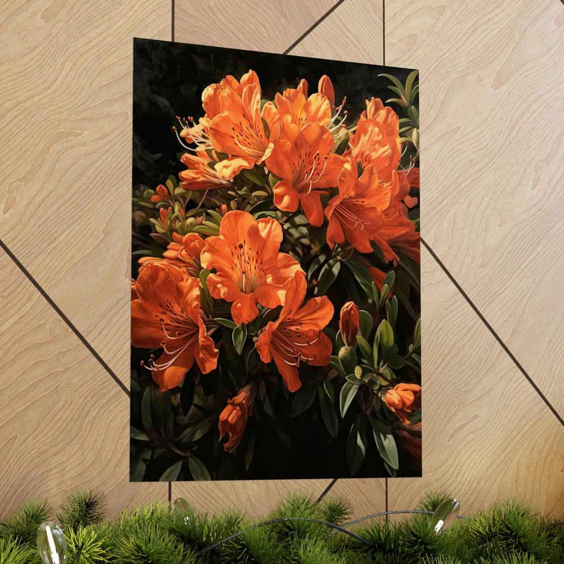 Burnt Orange Azalea Blossoms Dark Botanical Oil Painting Art Poster - Image 2