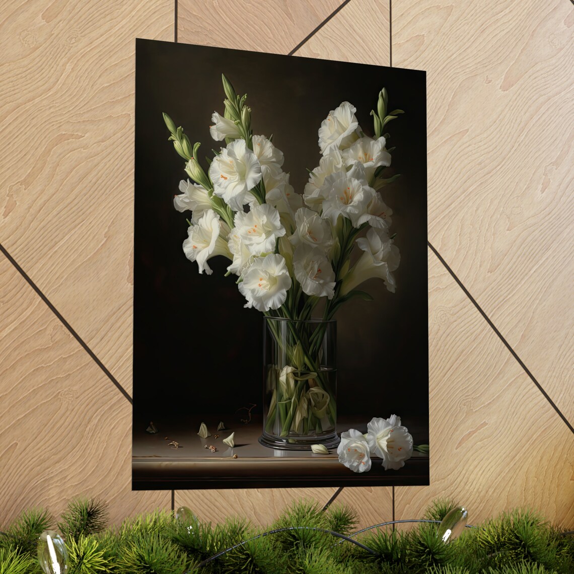 White Gladiolus Spikes Glass Vase Dark Moody Still Life Flower Poster - Image 2