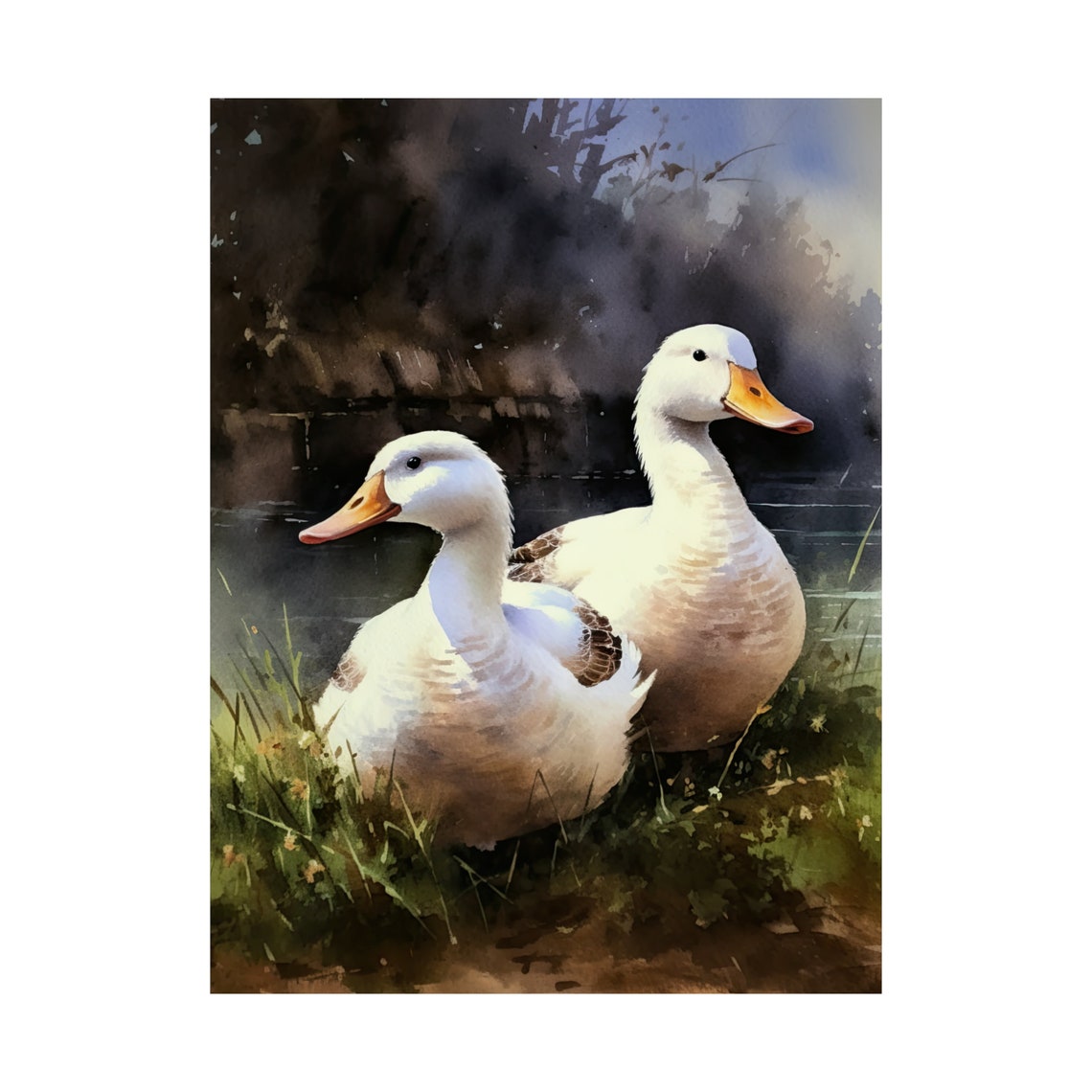 Pair of White Ducks Pond Watercolor Rustic Farmhouse Wall Art Print - Image 4