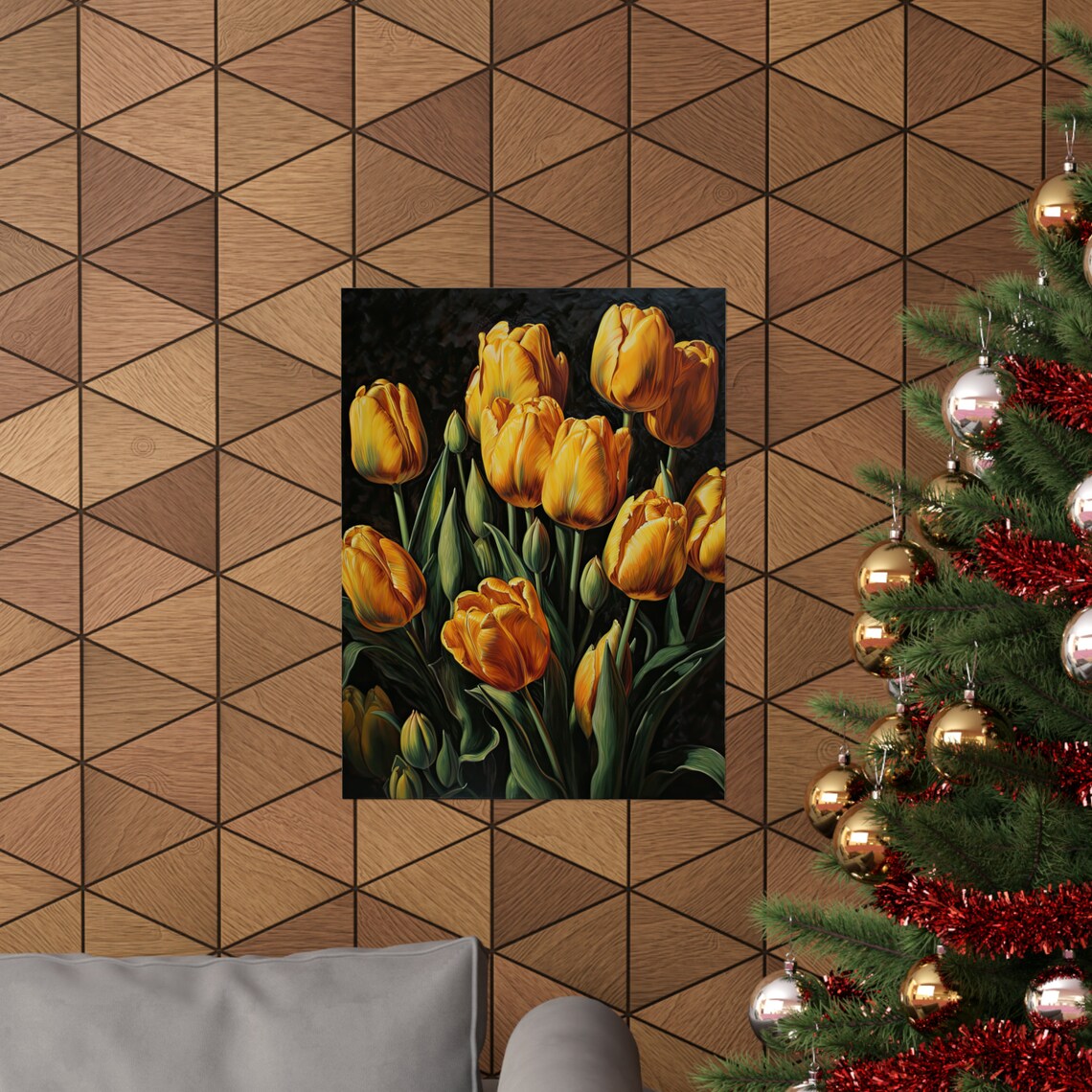 Golden Yellow Tulip Blooms Dark Moody Floral Botanical Art Print - Image 3