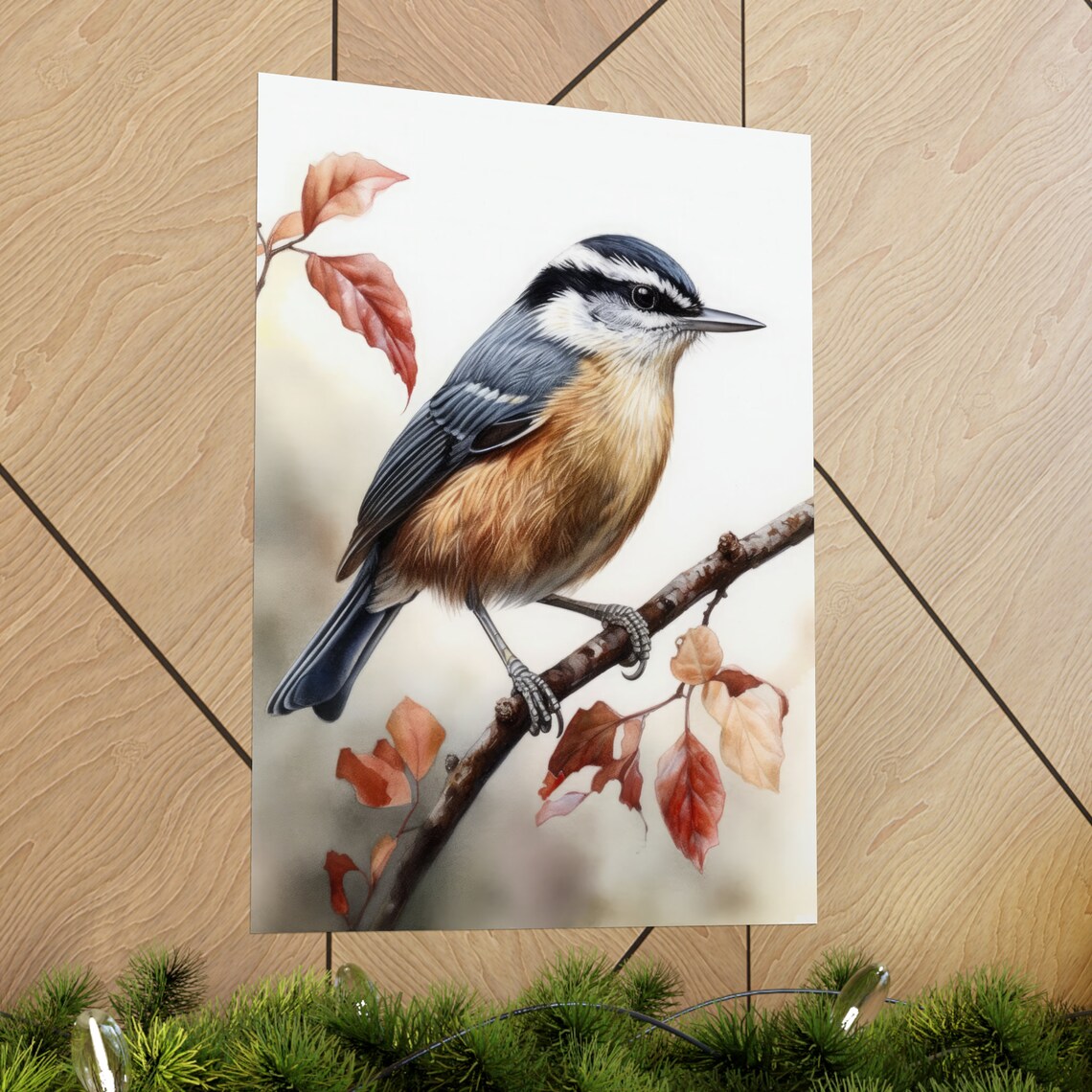 Red Breasted Nuthatch Bird Autumn Leaves Watercolor Fine Art Poster - Image 2