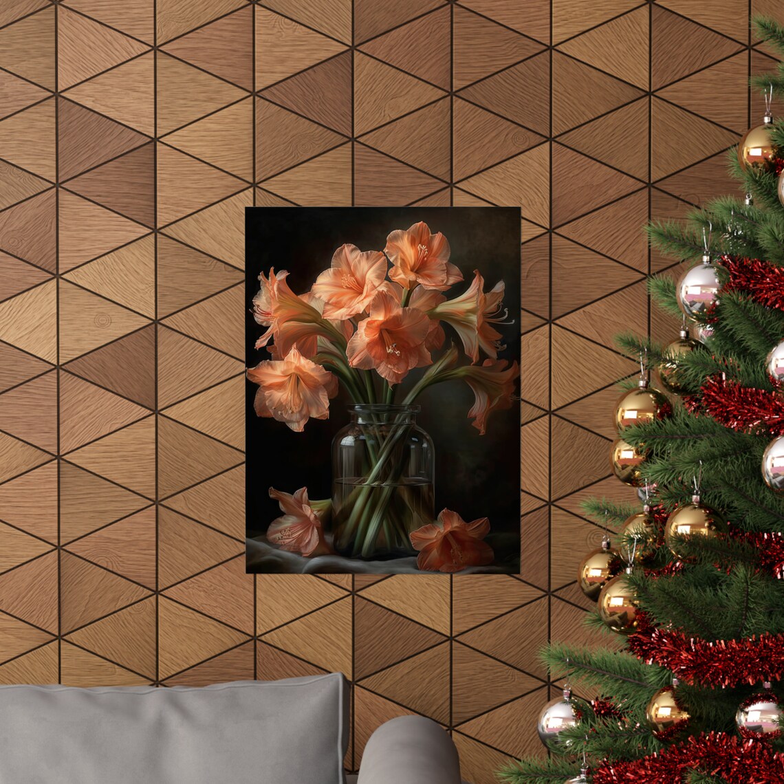 Apricot Amaryllis Blooms Glass Vase Dark Floral Still Life Art Print - Image 3