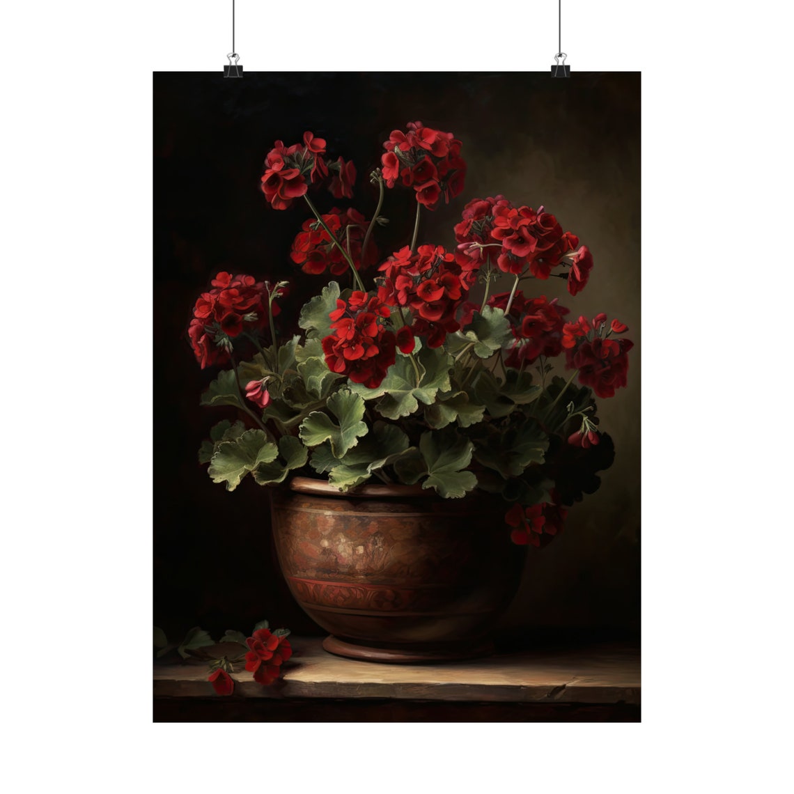 Burgundy Geranium Blossoms Copper Pot Dark Still Life Flower Poster - Image 5