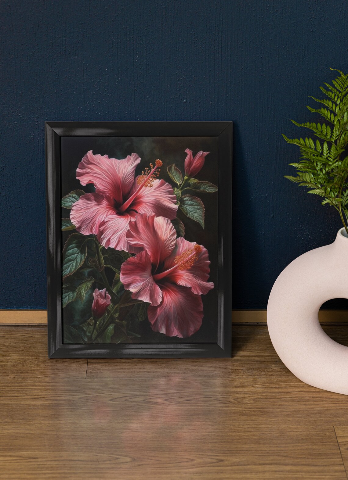 Pink Hibiscus Flowers Moody Dark Botanical Floral Wall Art Print