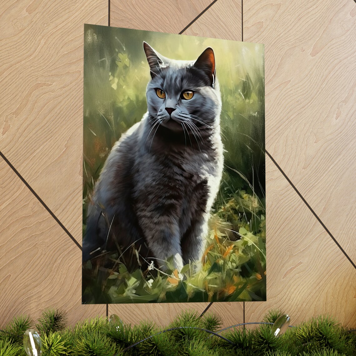 British Shorthair Cat Portrait Sunlit Garden Oil Painting Art Print - Image 2