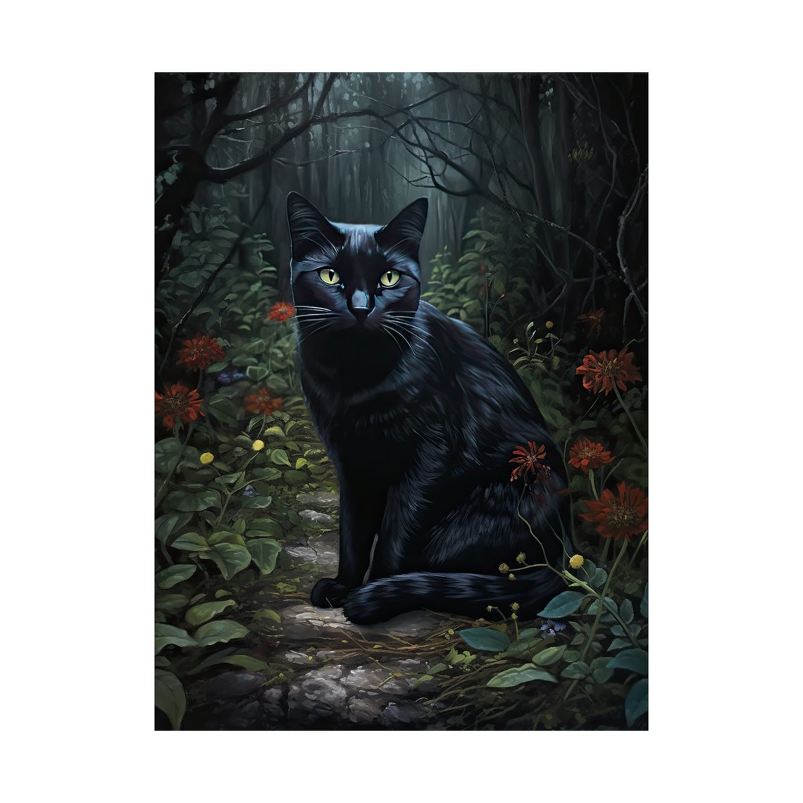 Black Cat With Green Eyes Sitting In Dark Forest Clearing Art Poster - Image 4