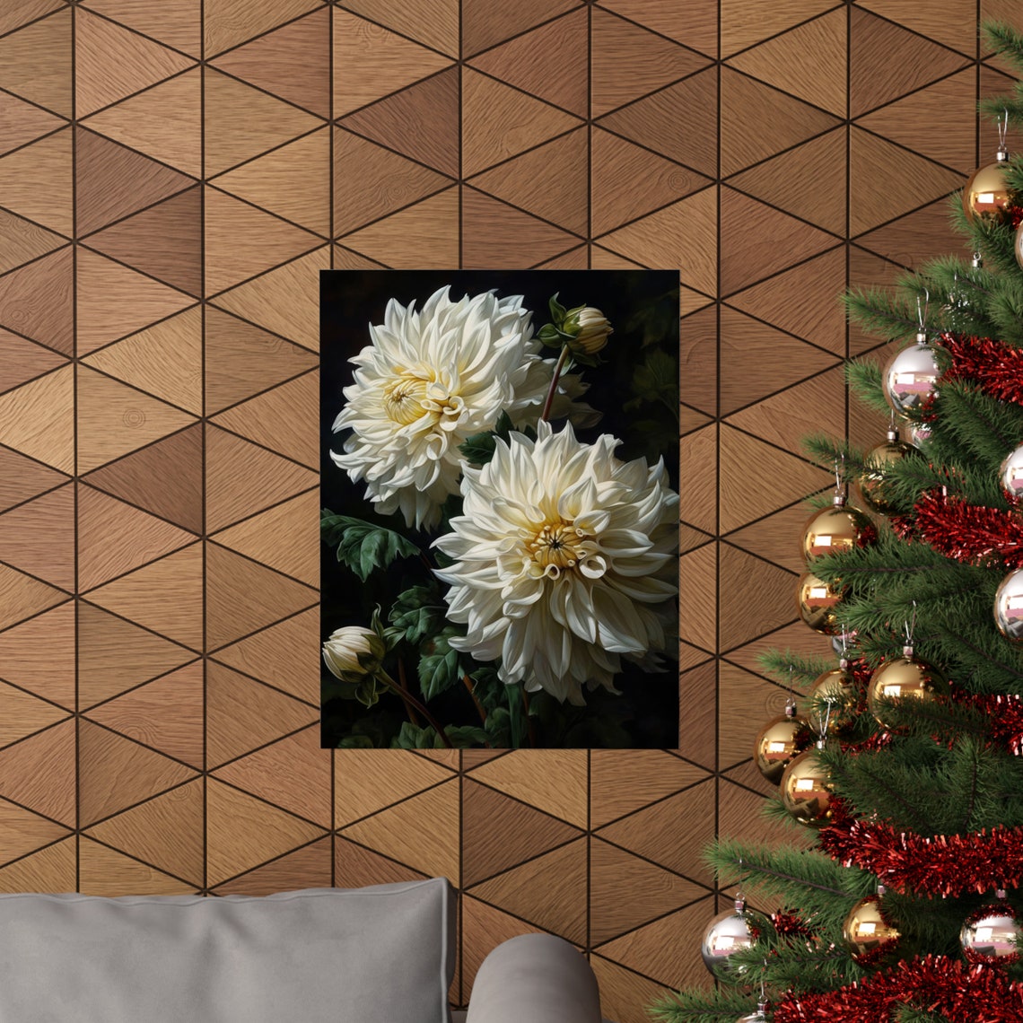 White Dahlia Blossoms Elegant Dark Floral Botanical Wall Art Print - Image 3