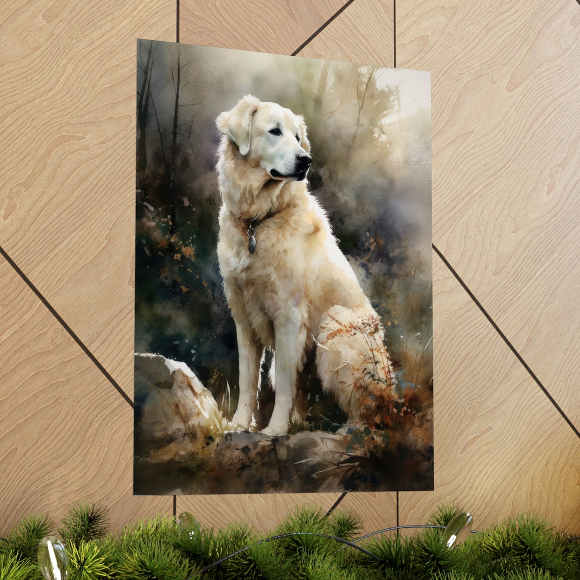 Kuvasz White Fluffy Dog Sitting Autumn Forest Watercolor Poster - Image 2