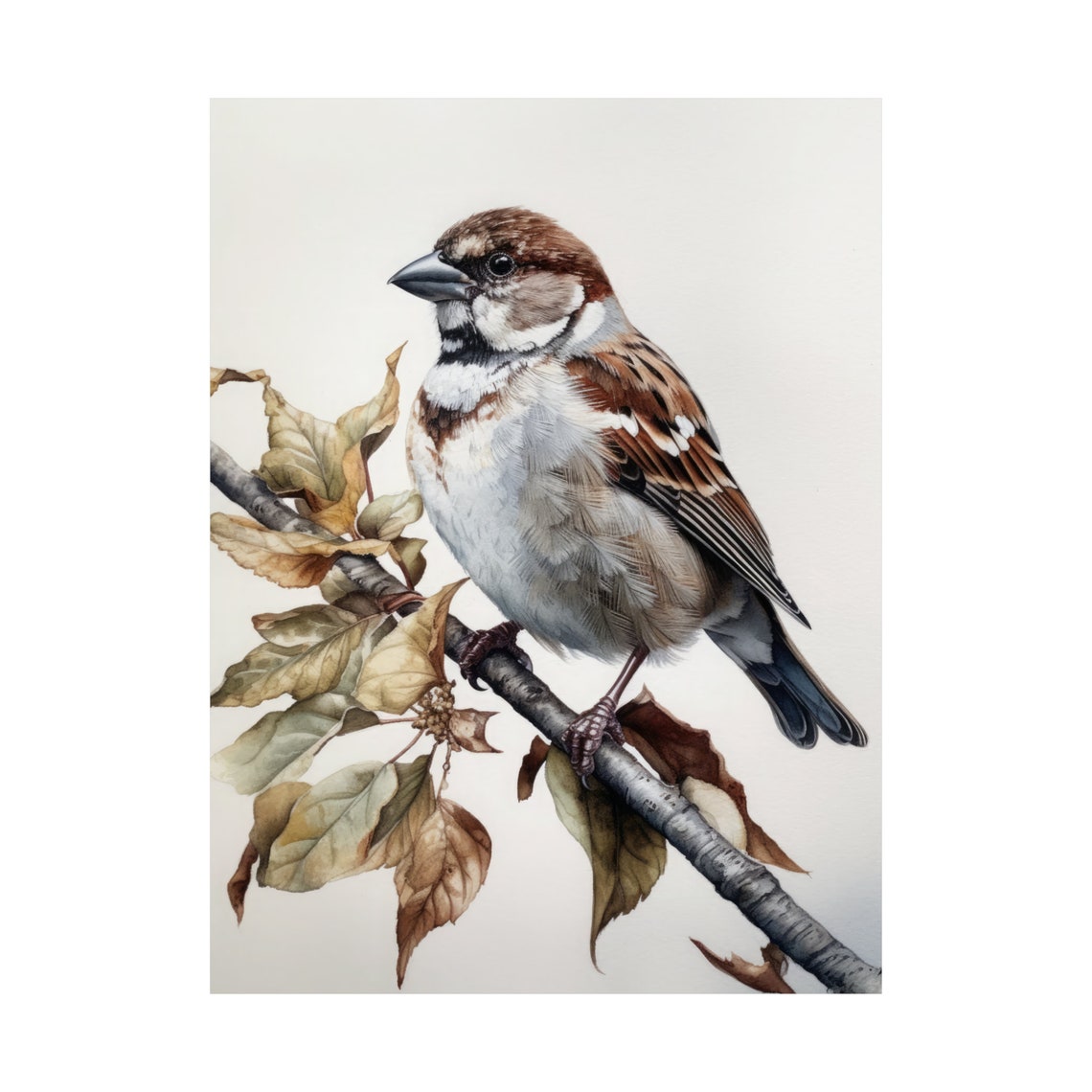 House Sparrow Bird Watercolor Perched Branch Autumn Leaves Art Print - Image 4