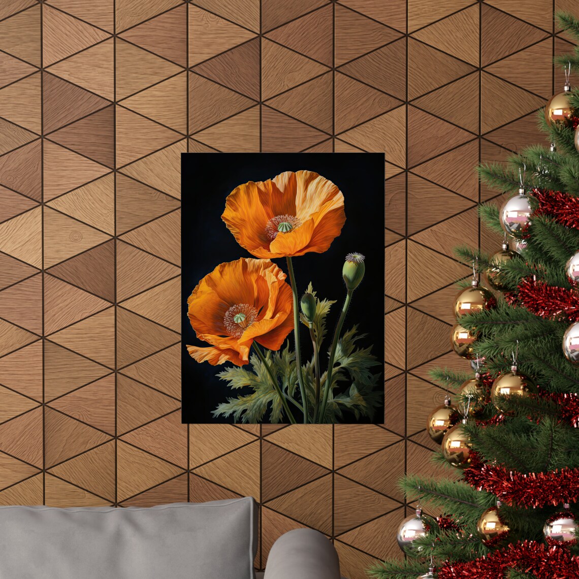 California Poppy Vivid Orange Blooms Buds Dark Floral Painting Poster - Image 3