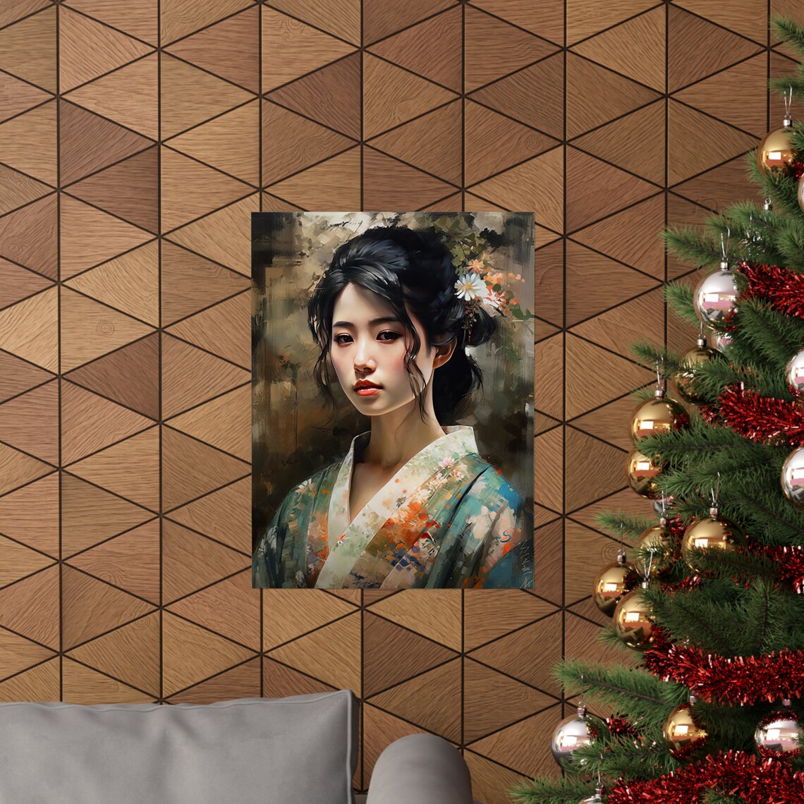 Japanese Woman Floral Kimono Portrait Dark Background Painting Poster - Image 3