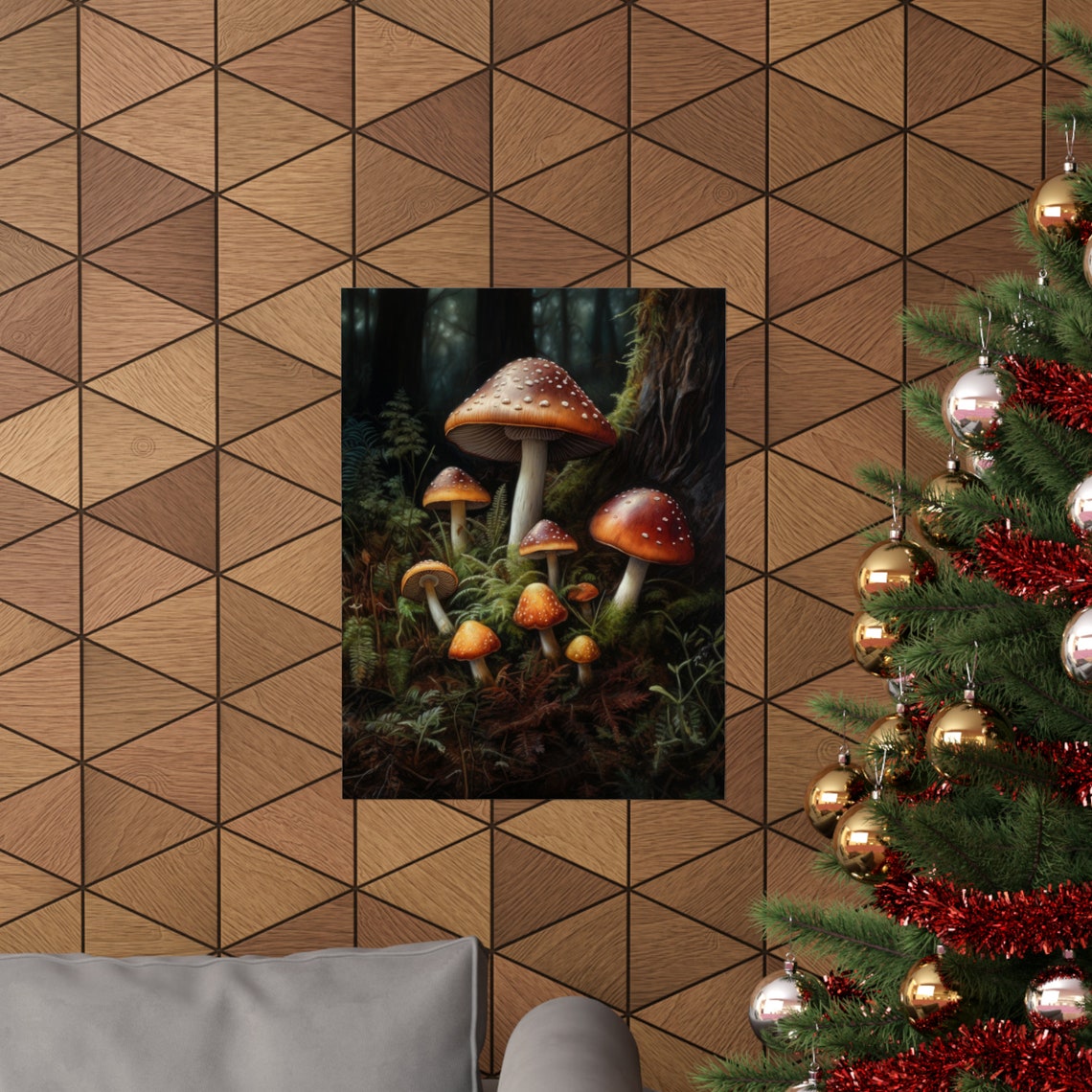 Cluster Of Spotted Brown Mushrooms In Dark Moody Forest Glade Poster - Image 3