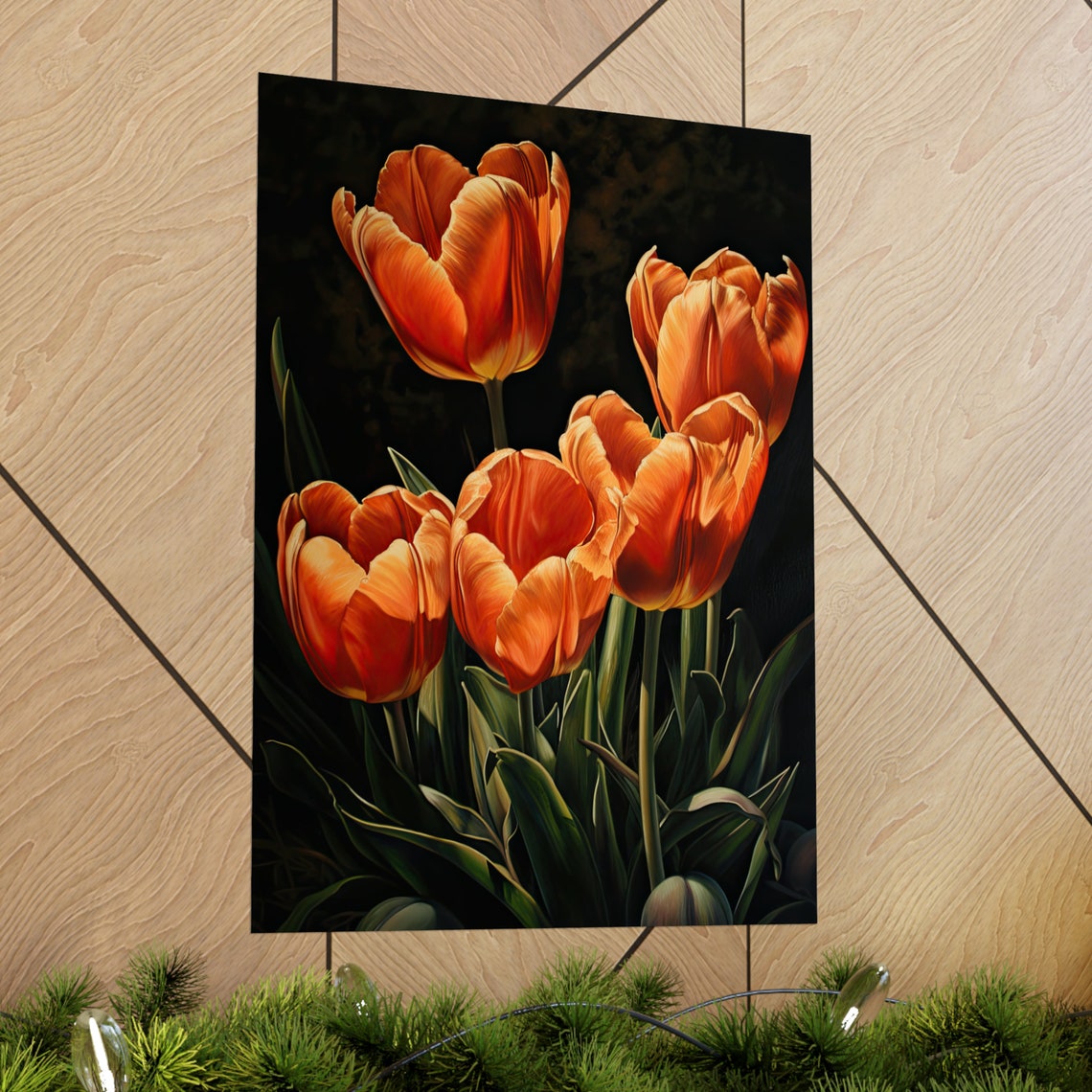 Glowing Orange Tulips Bloom Cluster Dark Floral Wall Art Print - Image 2
