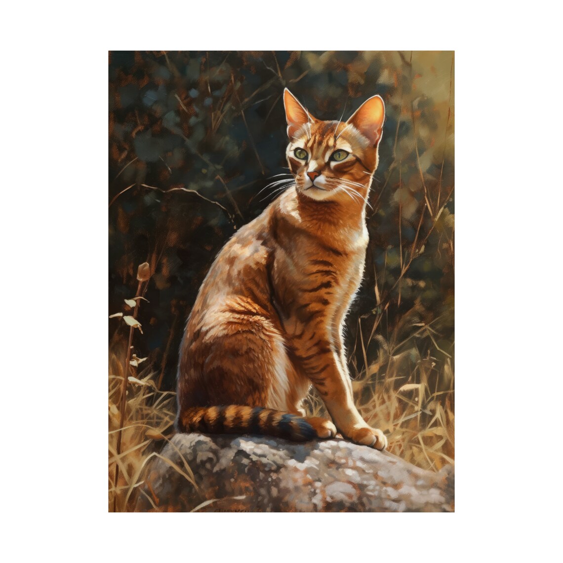 Abyssinian Cat Portrait Rocky Perch Golden Grass Green Eyes Art Print - Image 4