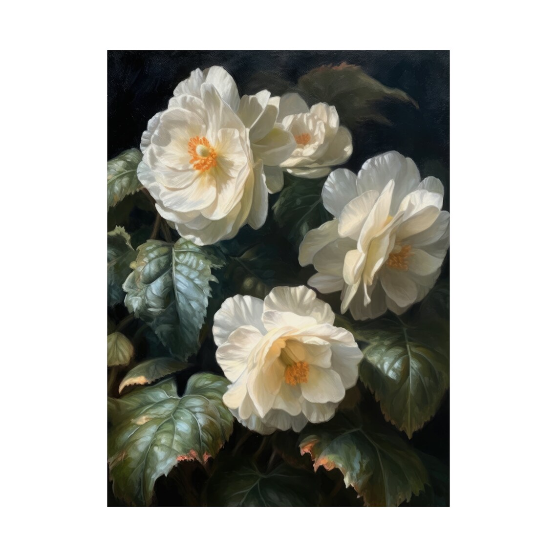 White Begonia Orange Center Blooms Dark Foliage Floral Art Poster - Image 4
