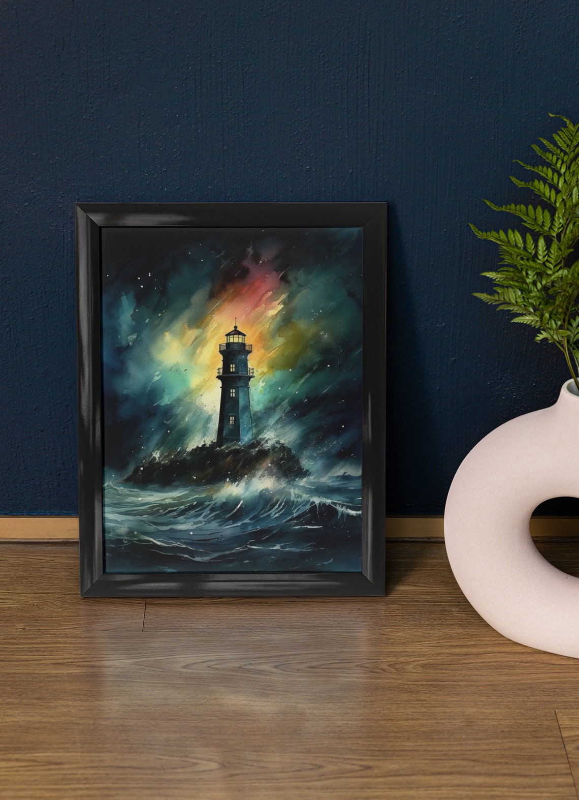Lighthouse Storm Waves Aurora Night Sky Watercolor Coastal Poster