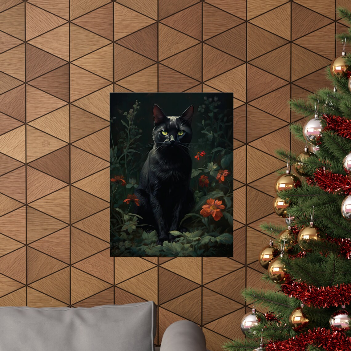 Black Cat Green Eyes Dark Floral Moody Gothic Cottagecore Wall Art Print - Image 3
