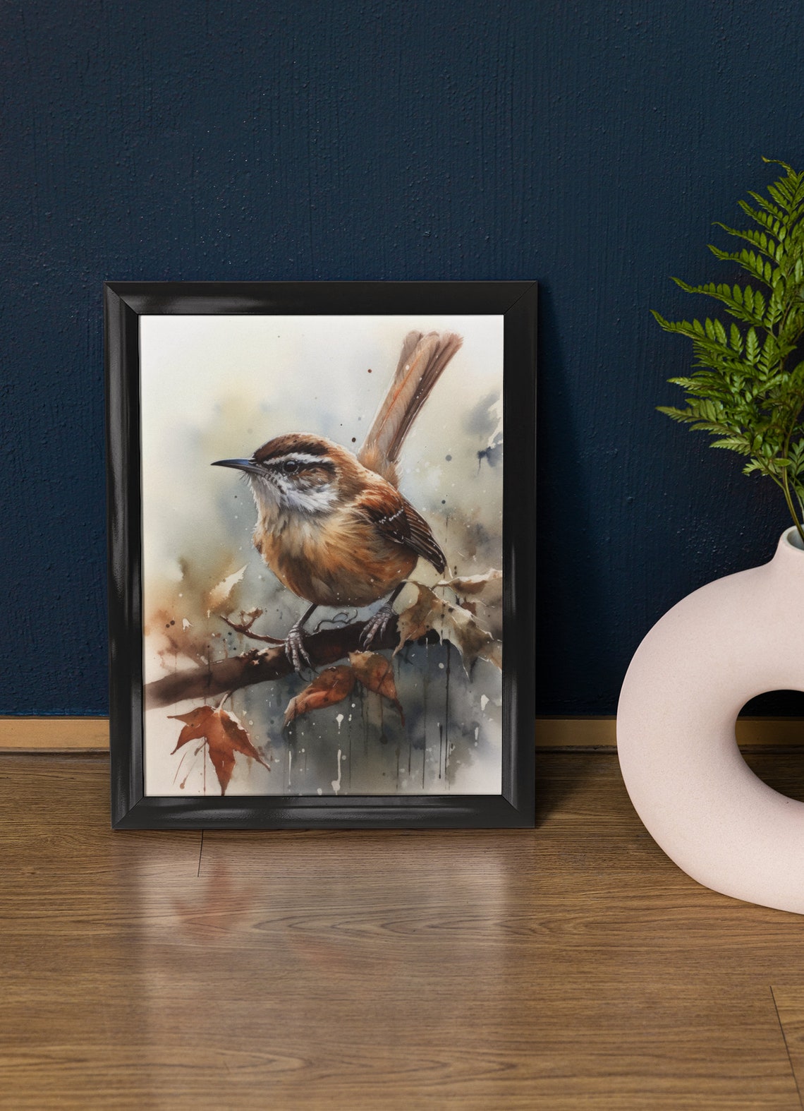 Carolina Wren Perched On Branch Watercolor Bird Art Wall Print