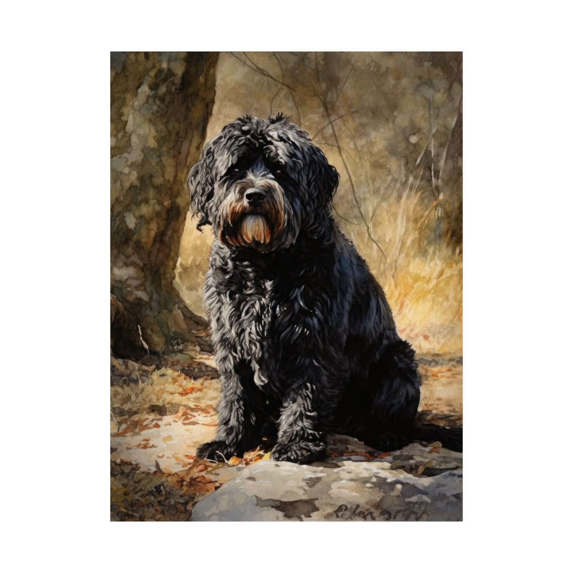 Puli Dog Watercolor Portrait Sitting With Shaggy Black Coat Art Print - Image 4