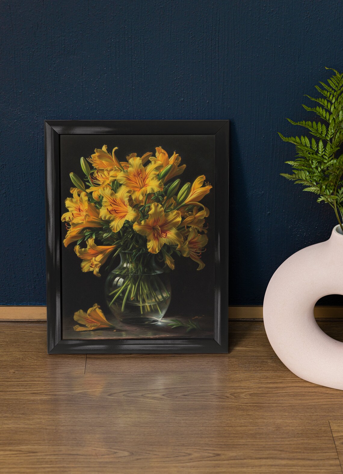 Yellow Alstroemeria Flowers Glass Vase Dark Elegant Floral Art Print