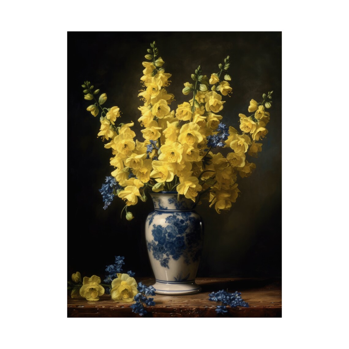 Yellow Delphinium Bouquet Blue Porcelain Vase Dark Still Life Poster - Image 4