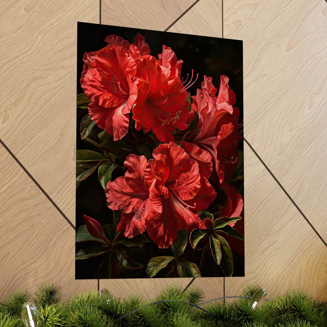 Deep Red Azalea Blossoms Dark Moody Botanical Oil Painting Art Poster - Image 2