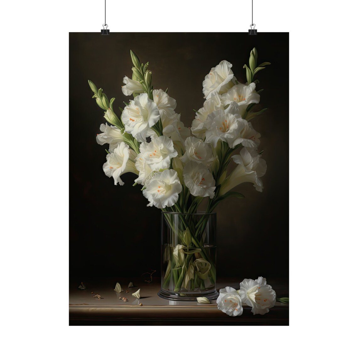 White Gladiolus Spikes Glass Vase Dark Moody Still Life Flower Poster - Image 5