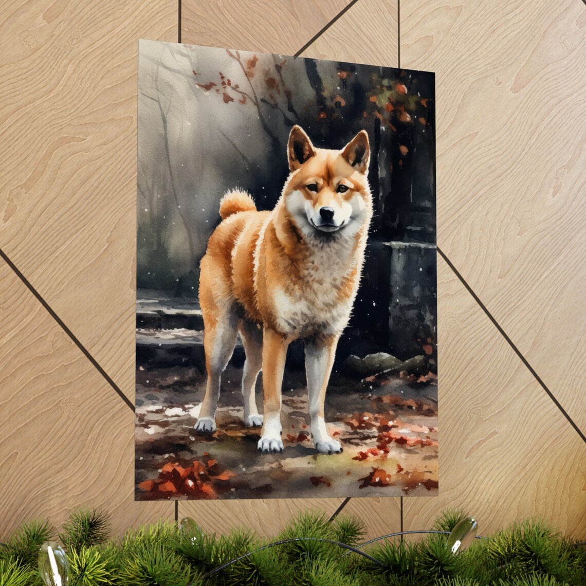 Shiba Inu Misty Autumn Forest Ruins Watercolor Portrait Poster - Image 2