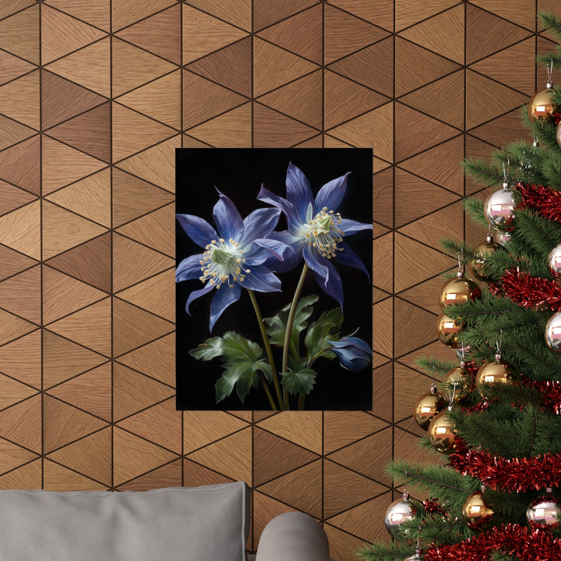 Blue Columbine Blossoms Dark Moody Botanical Floral Art Poster - Image 3